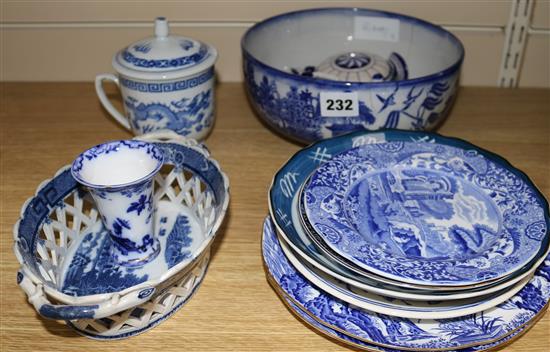 A 19th century blue and white chestnut basket and sundry ceramics